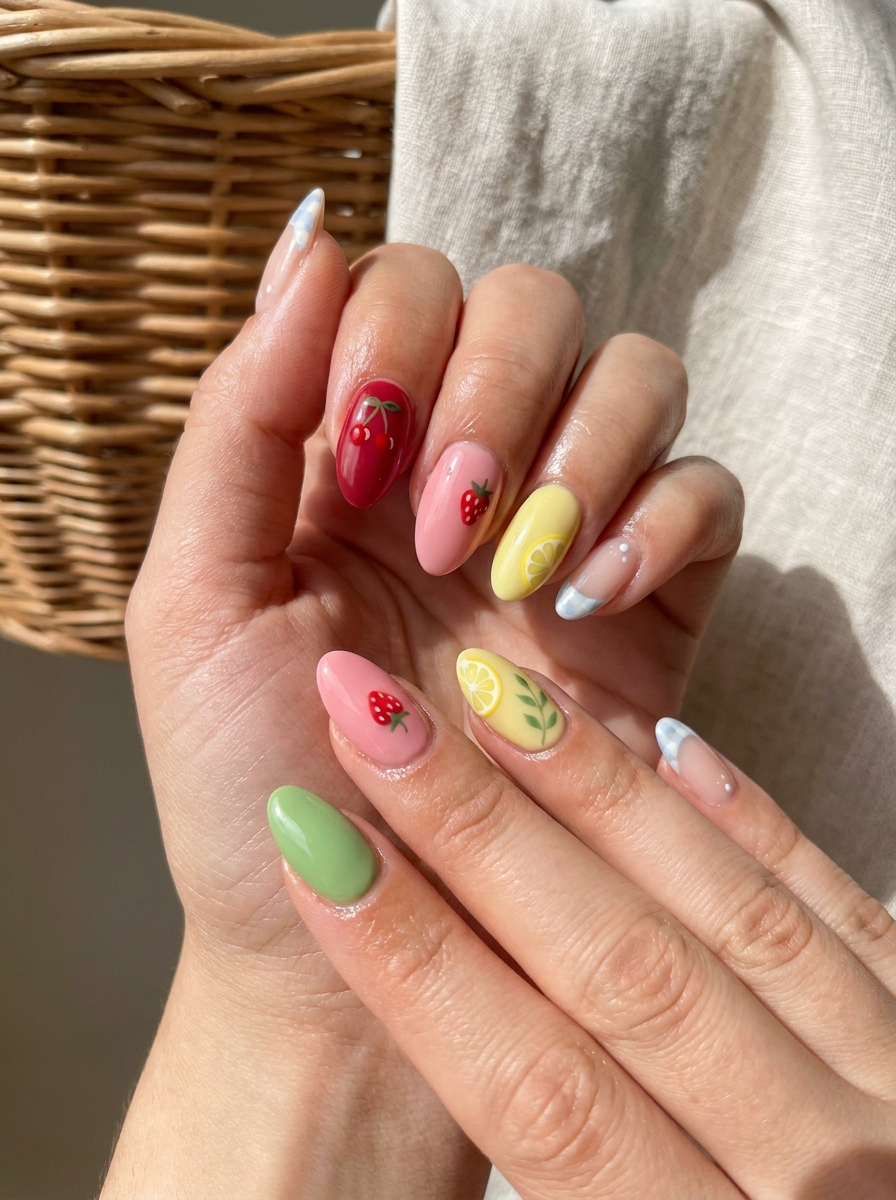 Picnic Fruit Nails mit kleinen Obstmotiven und sommerlichen Farben